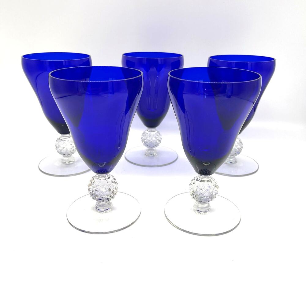 Vintage Morgantown Cobalt Blue Set of 5 Stem Glassware Golf Ball Pattern Glasses